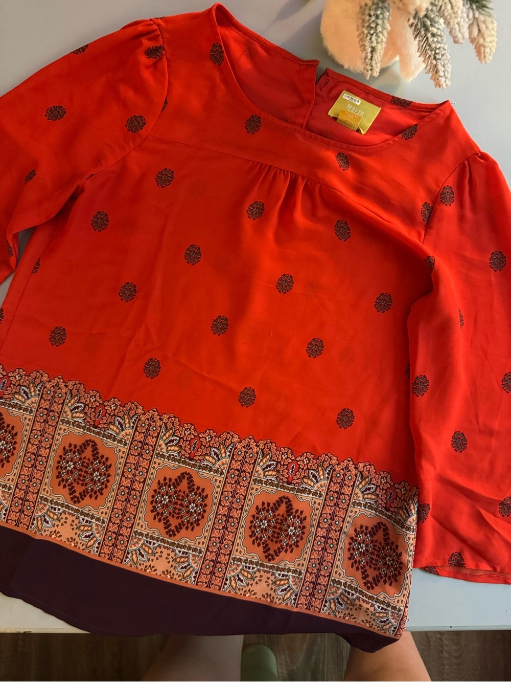 Maeve Rila Anthropologie Bright Red Border-Print Long Sleeve Blouse Size 4